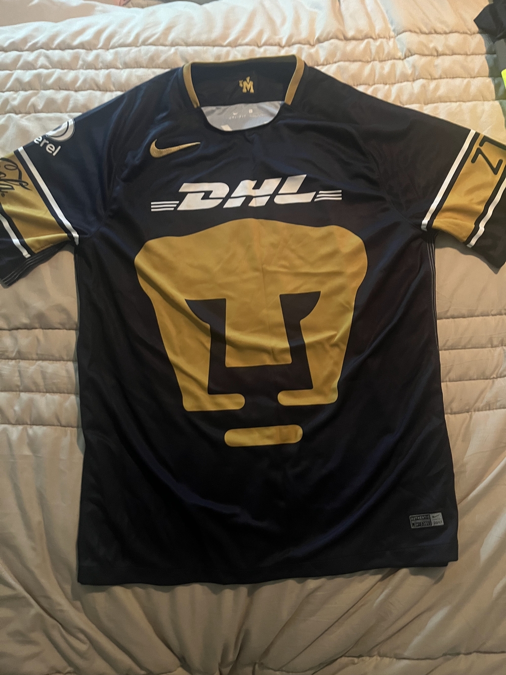 Nike Navy and Gold Pumas UNAM Home Soccer Jersey with DHL Logo